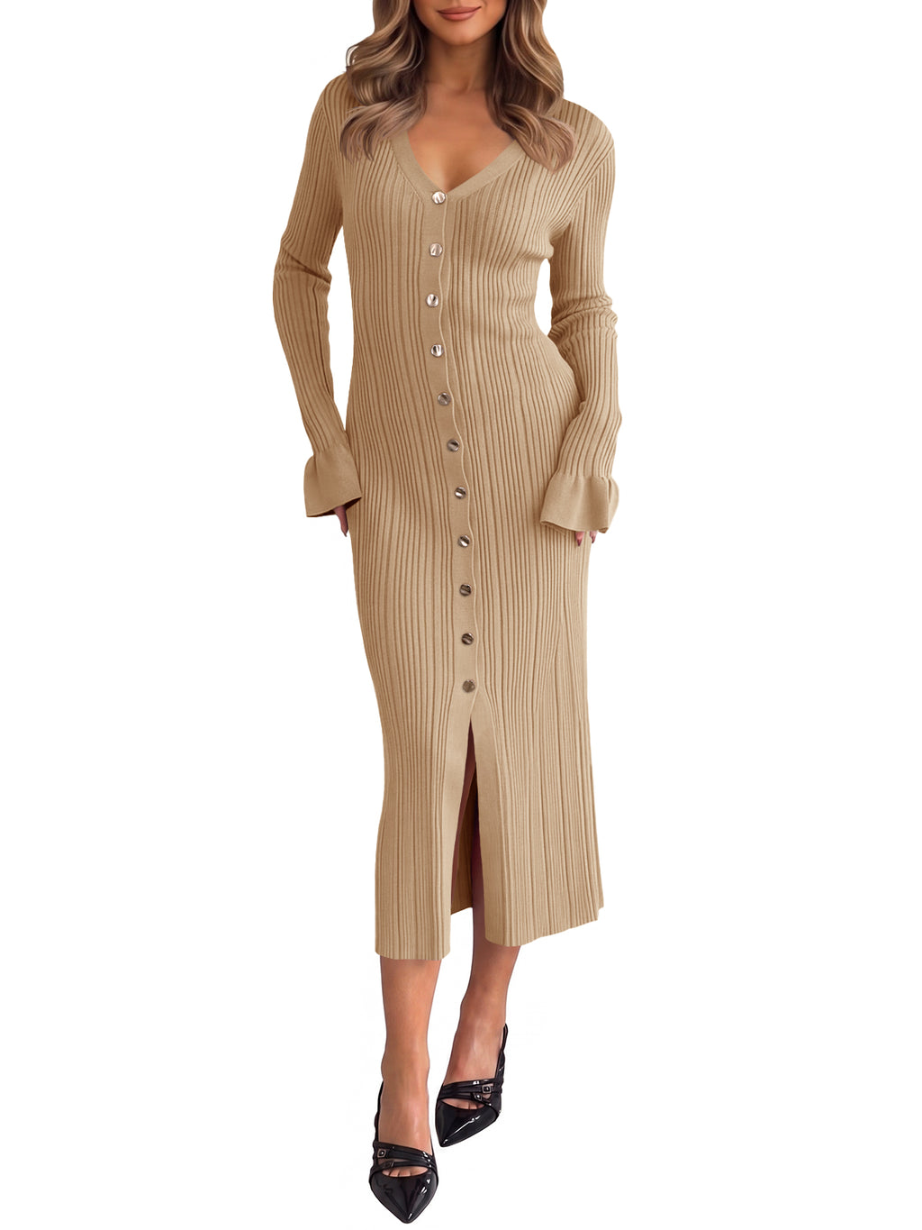 Saodimallsu Womens V Neck Midi Sweater Dress