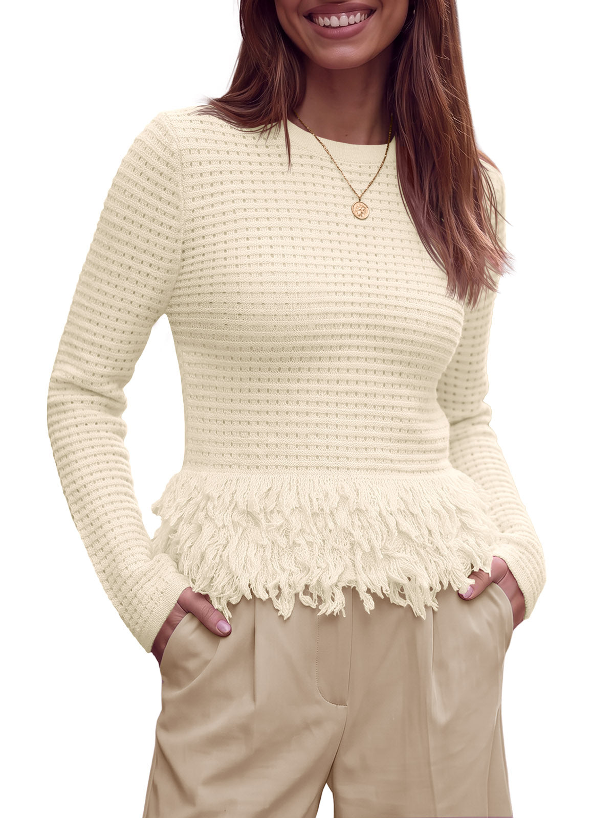 Saodimallsu Womens Crochet Fringe Crew Neck Sweater