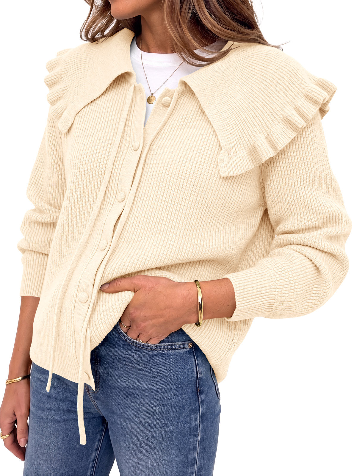 Saodimallsu Women Ruffle Collar Knit Cardigan