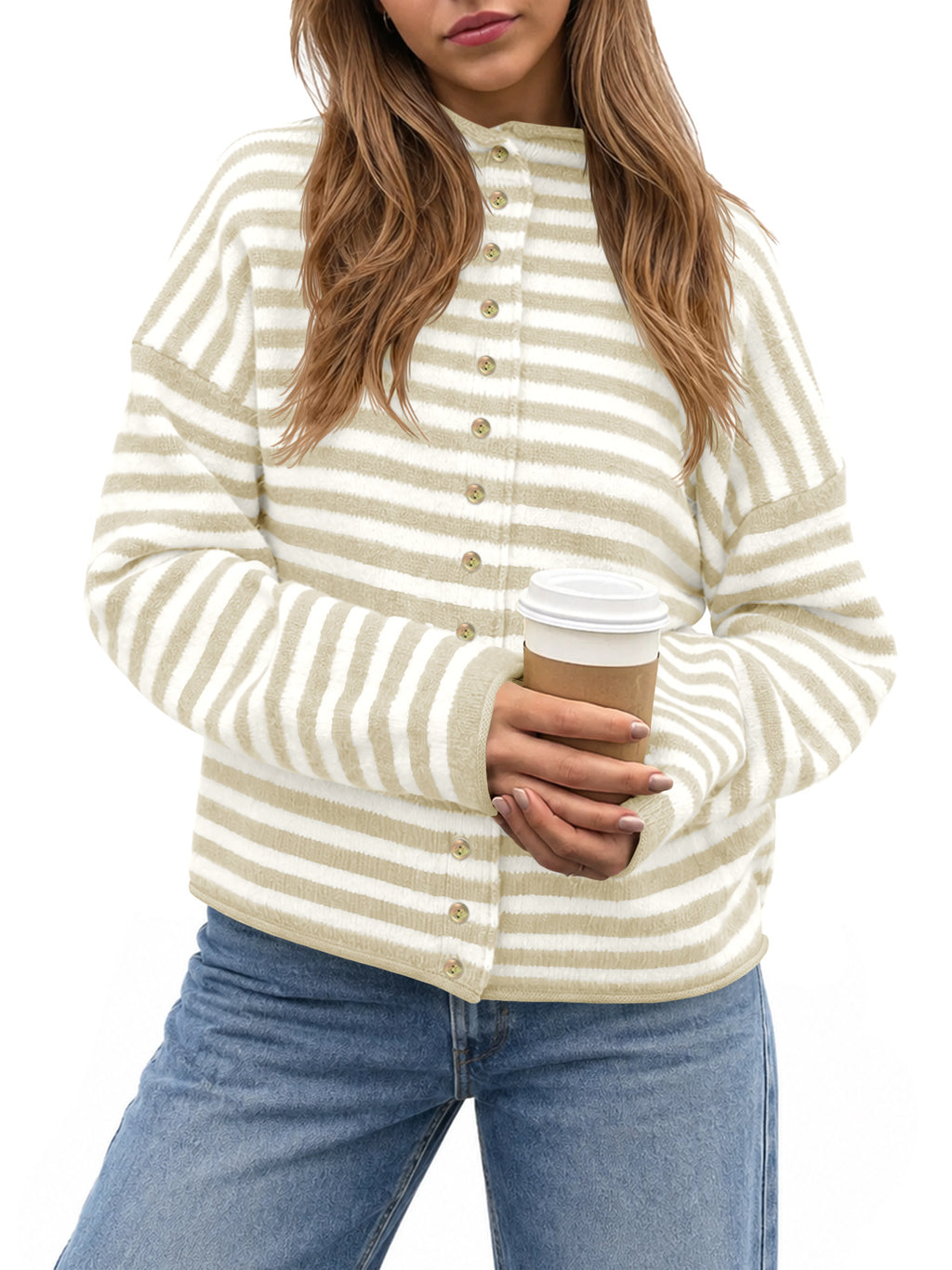 Saodimallsu Womens Striped Mock Neck Cardigan