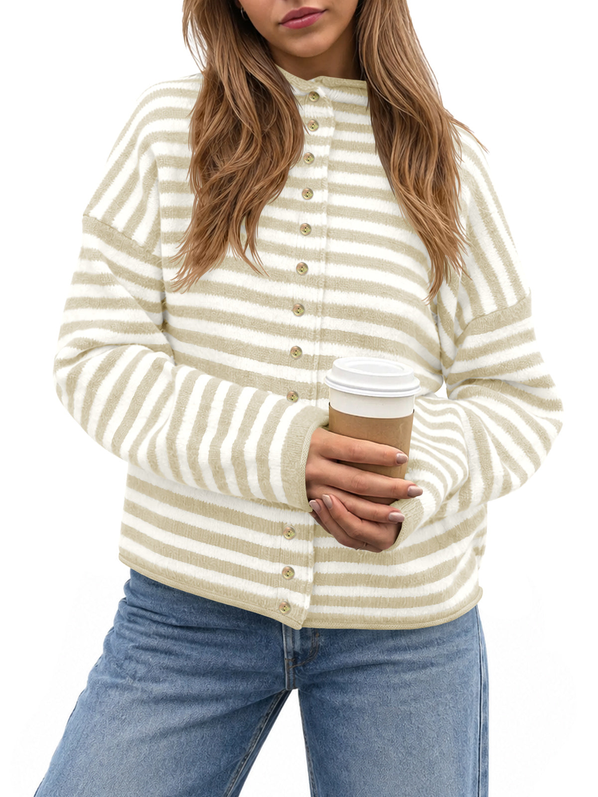 Saodimallsu Womens Striped Mock Neck Cardigan