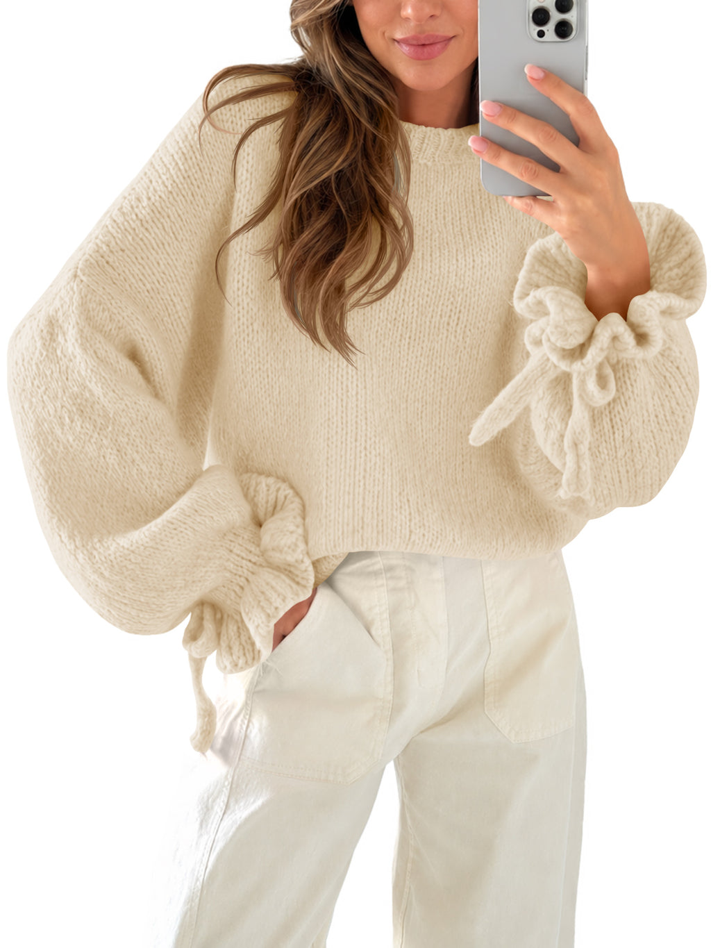 Saodimallsu Women Ruffle Long Sleeve Knit Sweater
