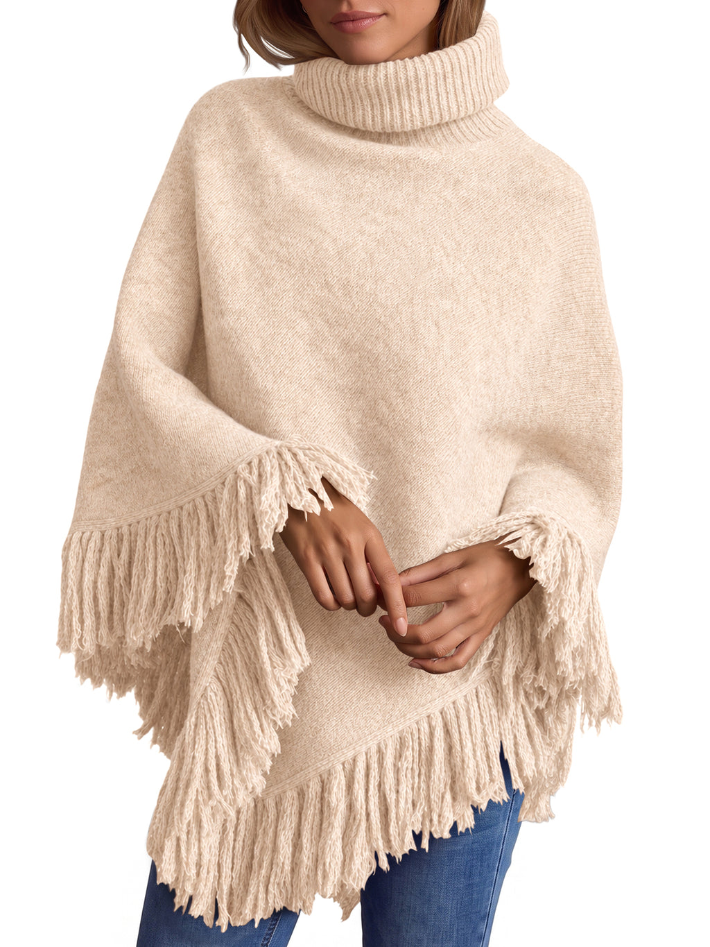 Saodimallsu Womens Fringe Turtleneck Poncho Sweater