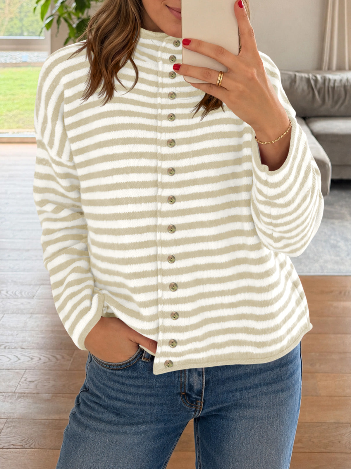 Saodimallsu Womens Striped Mock Neck Cardigan