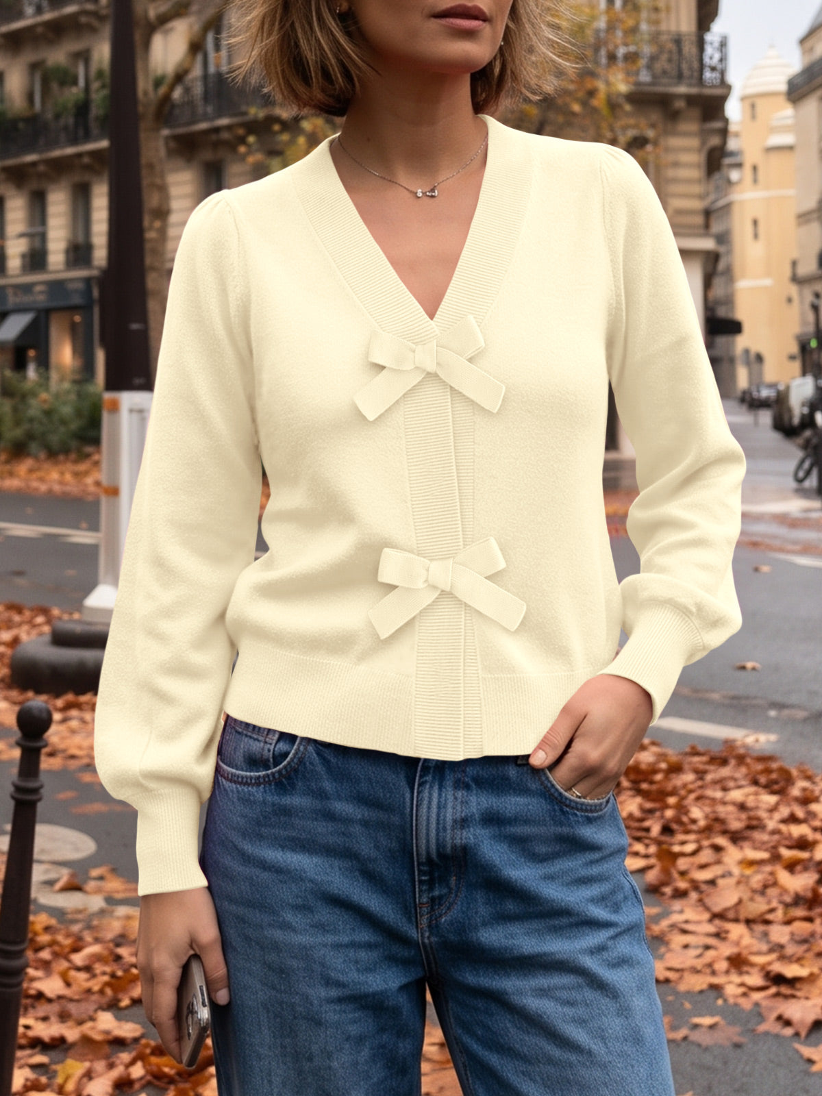 Saodimallsu Women V Neck Bow Knit Cardigan