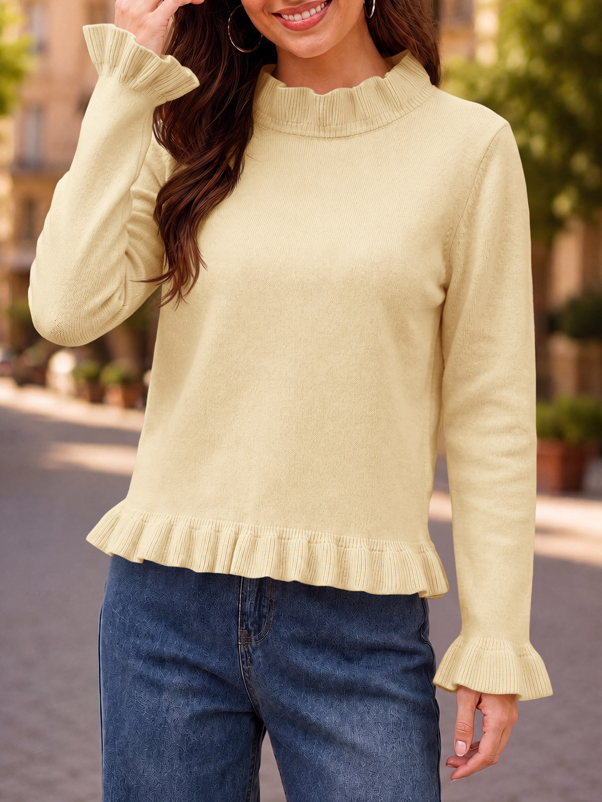 Saodimallsu Women Ruffle Mock Neck Knit Sweater