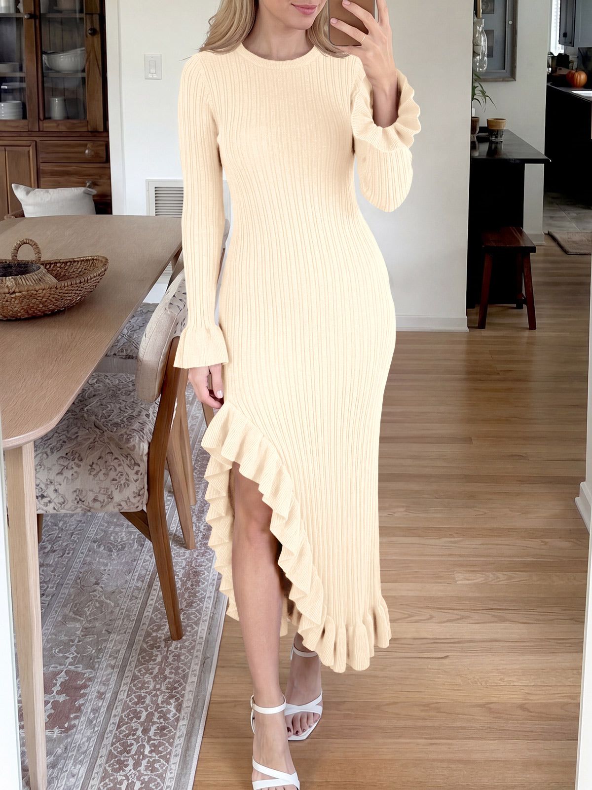 Saodimallsu Womens Bell Sleeve Ruffle Sweater Dress