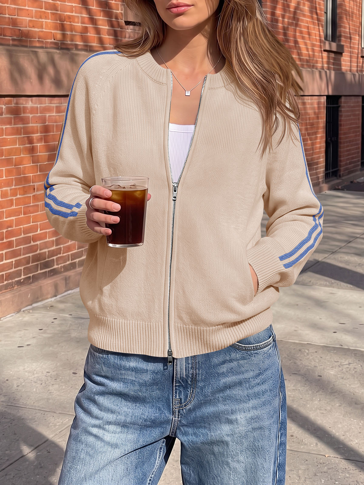 Saodimallsu Womens Zip Up Crew Neck Cardigan