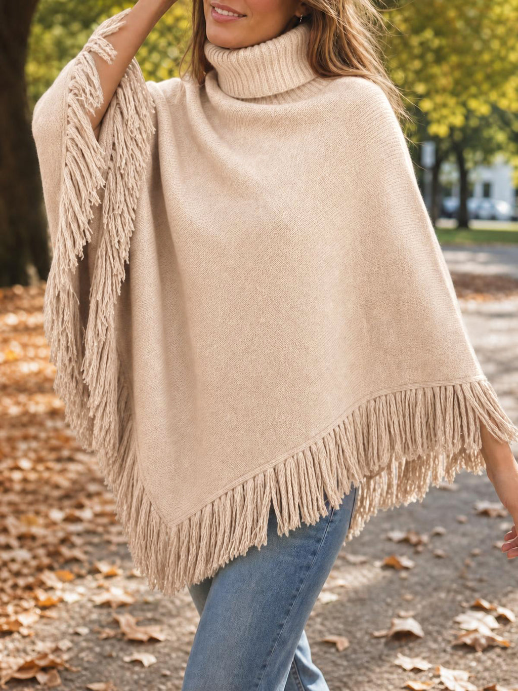 Saodimallsu Womens Fringe Turtleneck Poncho Sweater