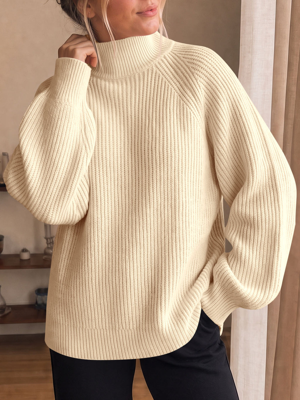 Saodimallsu Womens High Neck Oversized Knit Sweater