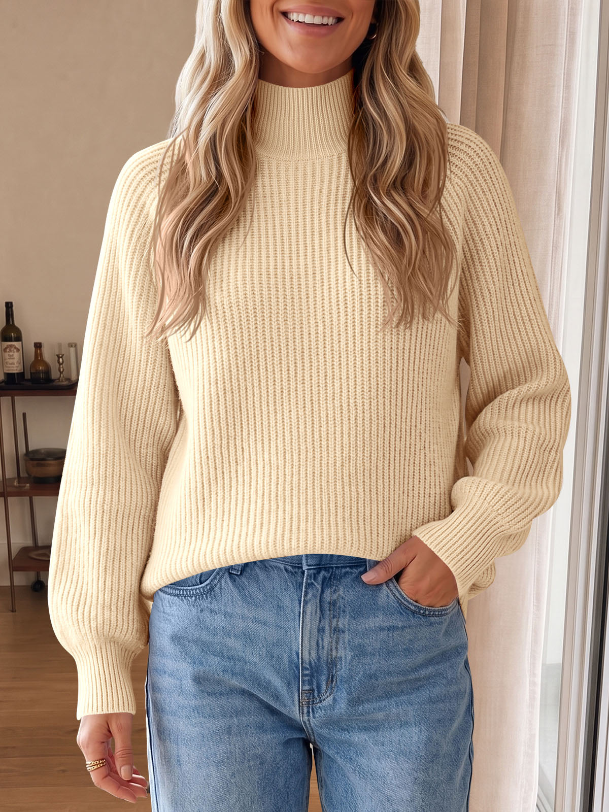 Saodimallsu Womens High Neck Oversized Knit Sweater