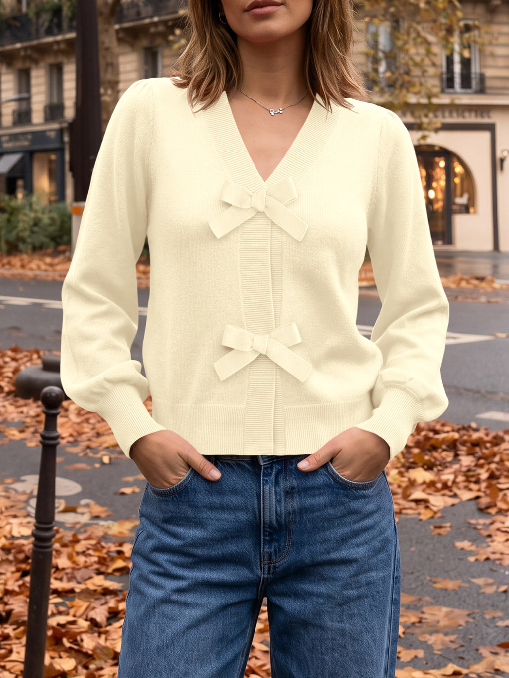 Saodimallsu Women V Neck Bow Knit Cardigan