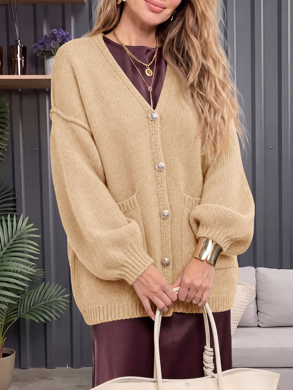Saodimallsu Womens V Neck Loose Button Cardigan