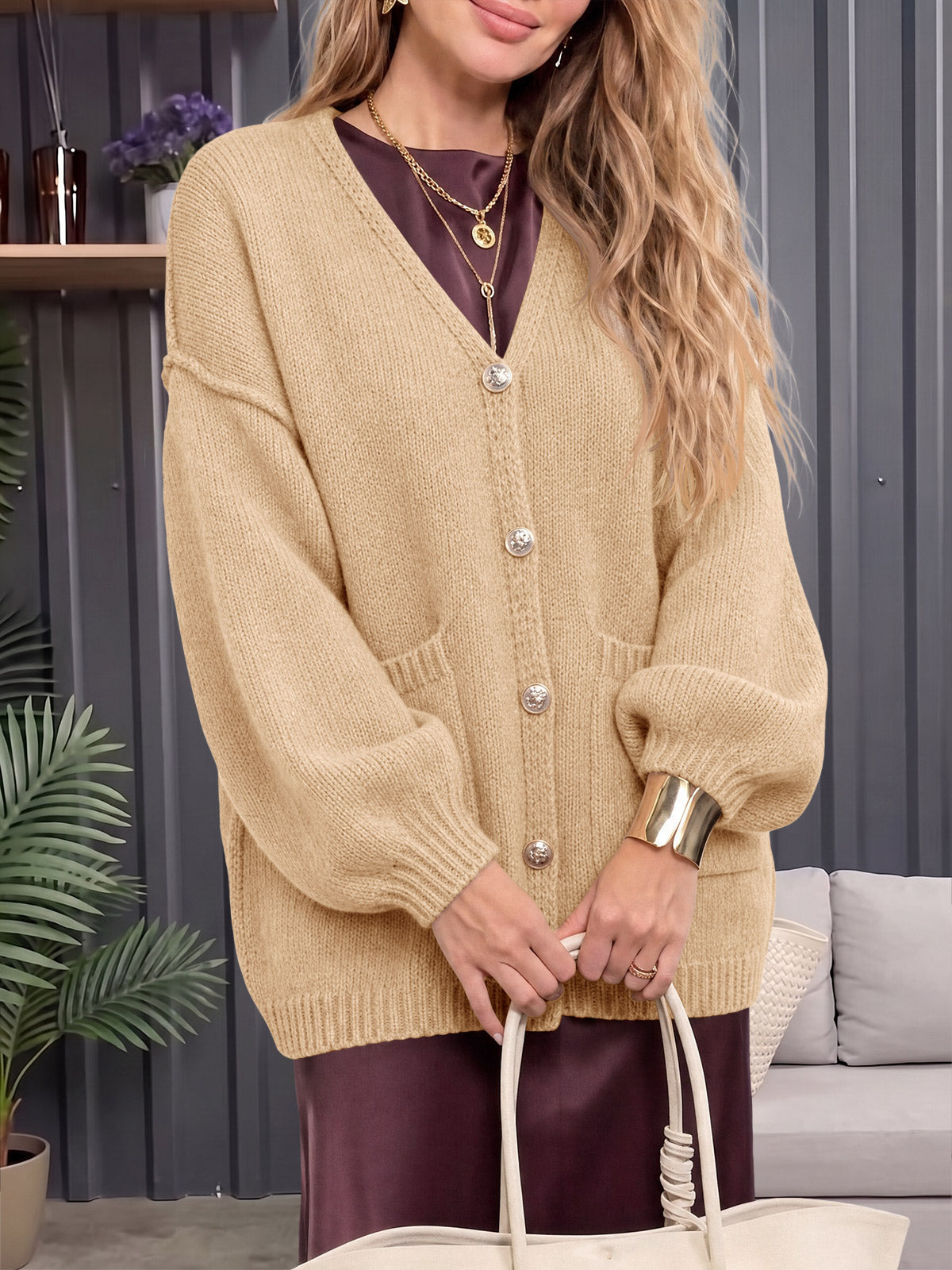 Saodimallsu Womens V Neck Loose Button Cardigan