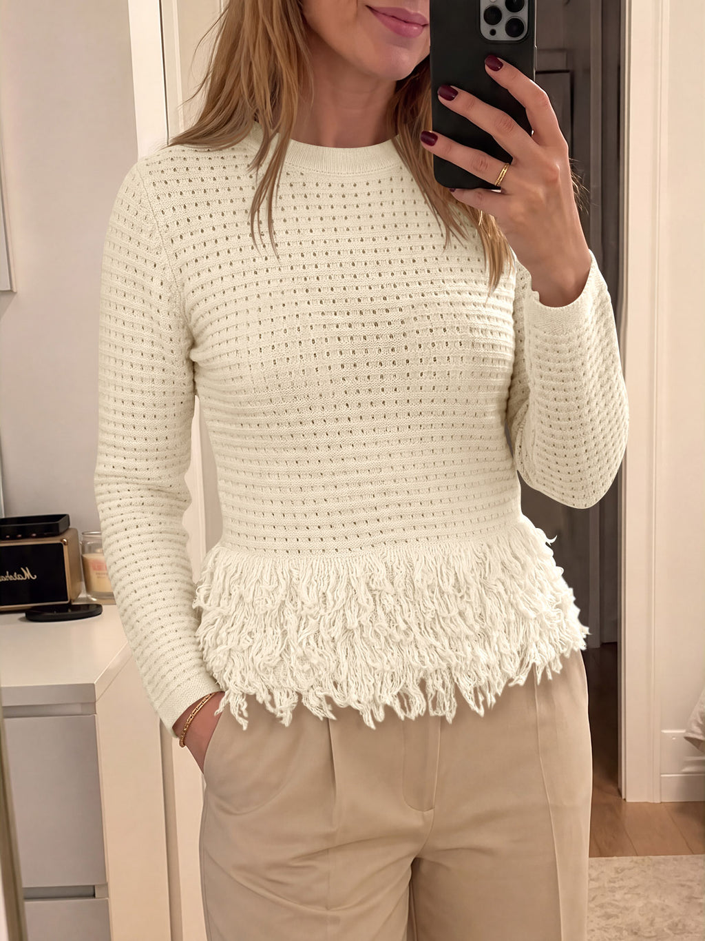 Saodimallsu Womens Crochet Fringe Crew Neck Sweater