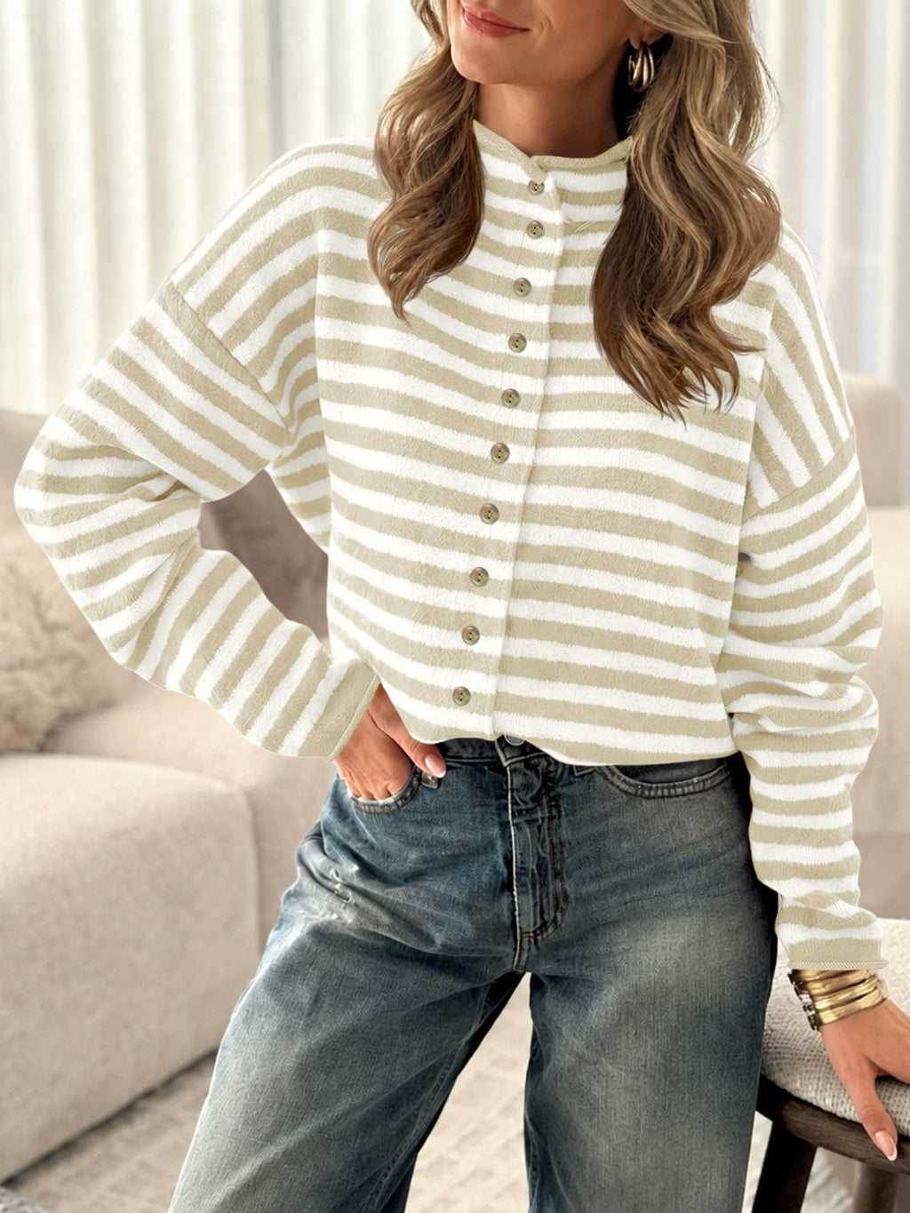 Saodimallsu Womens Striped Mock Neck Cardigan