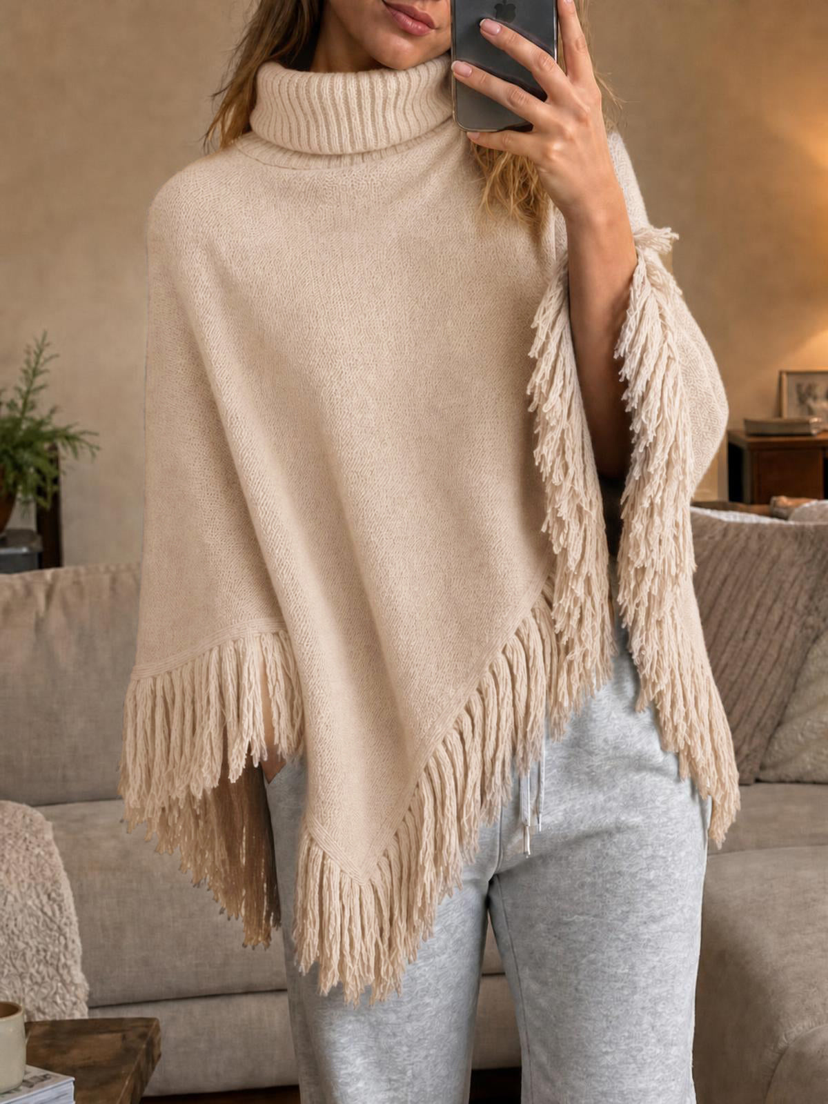 Saodimallsu Womens Fringe Turtleneck Poncho Sweater