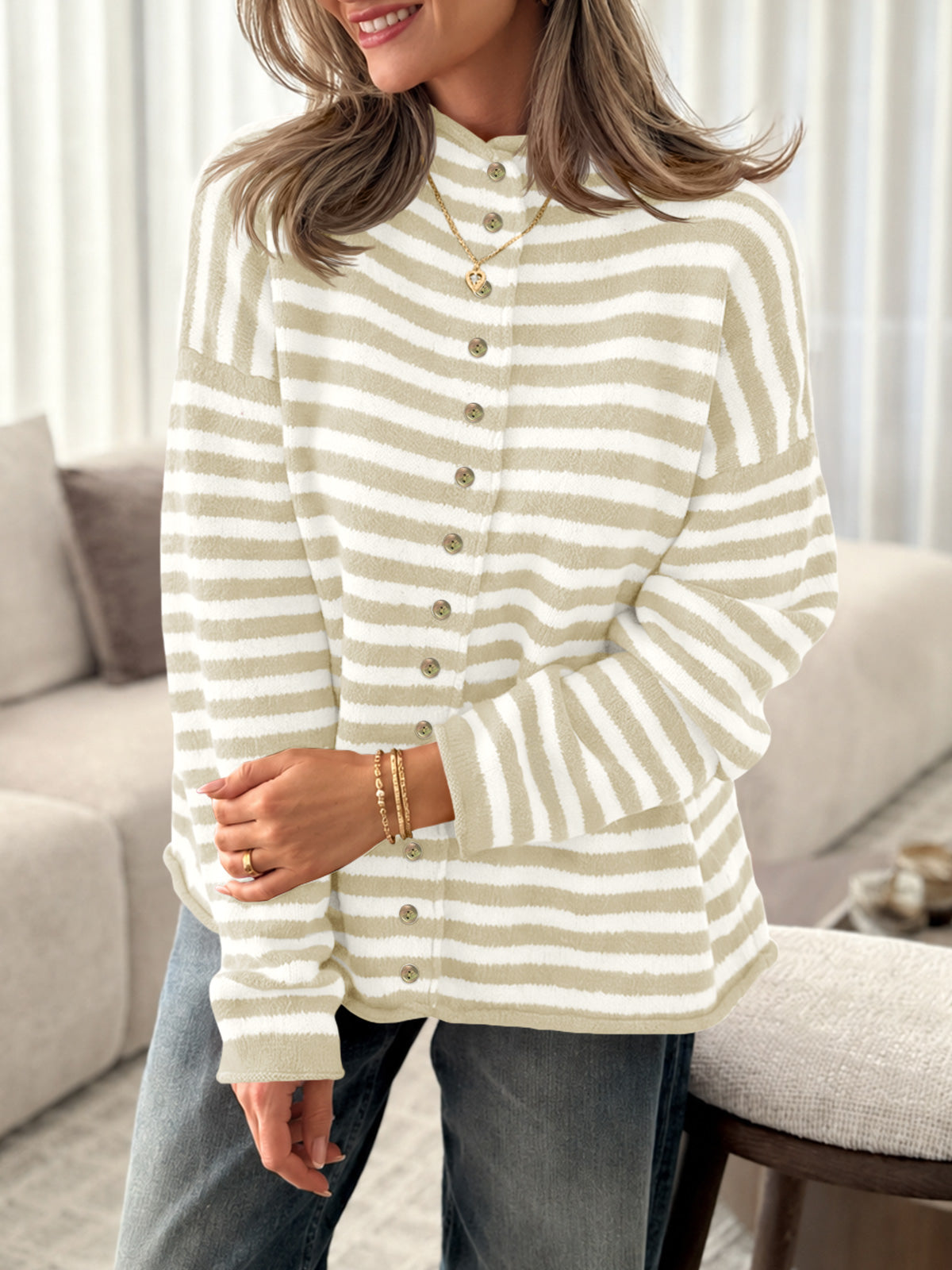 Saodimallsu Womens Striped Mock Neck Cardigan