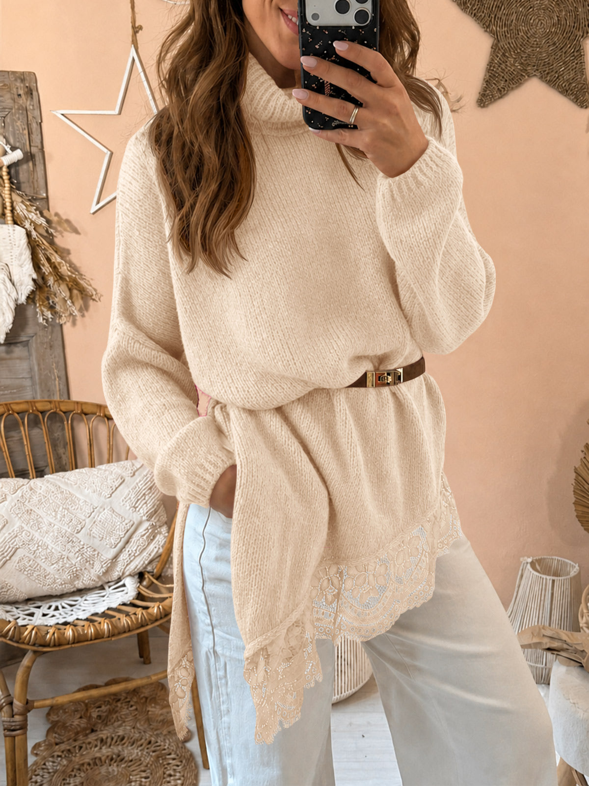 Saodimallsu Womens Oversized Batwing Sleeve Turtleneck Sweater