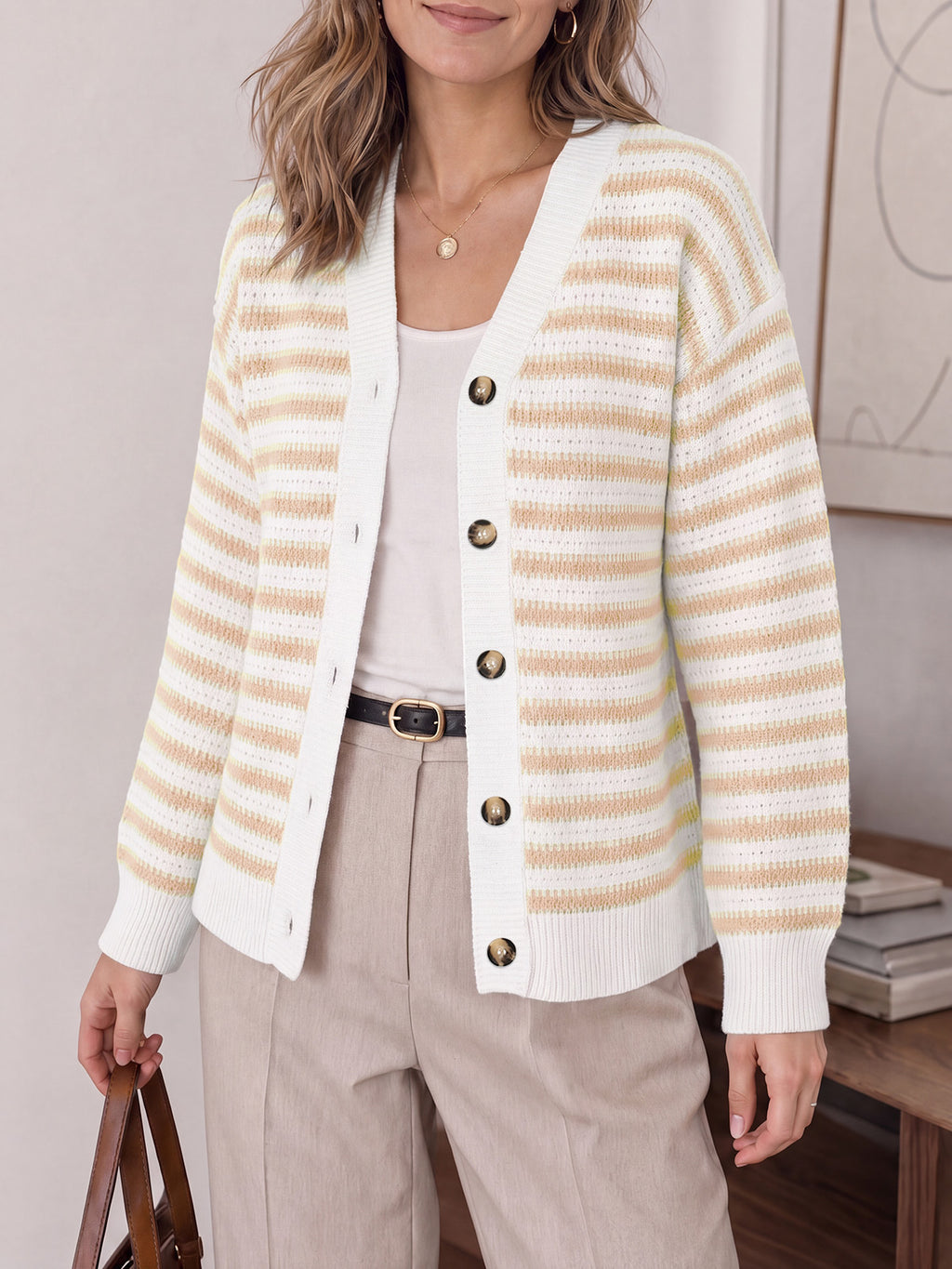 Saodimallsu Womens Striped V Neck Cardigan
