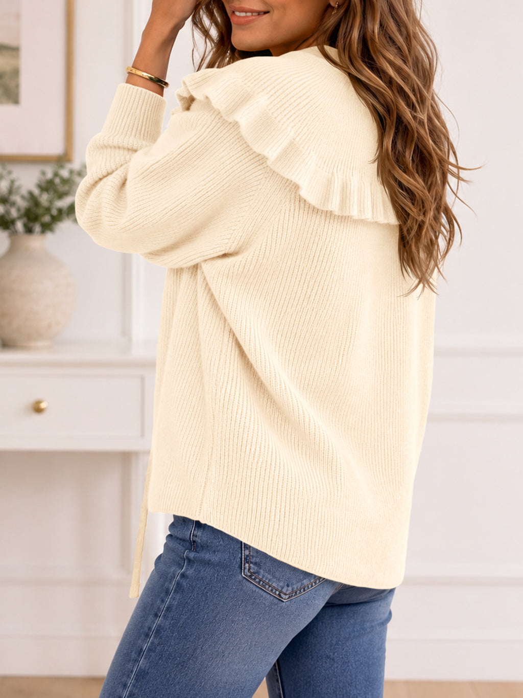 Saodimallsu Women Ruffle Collar Knit Cardigan