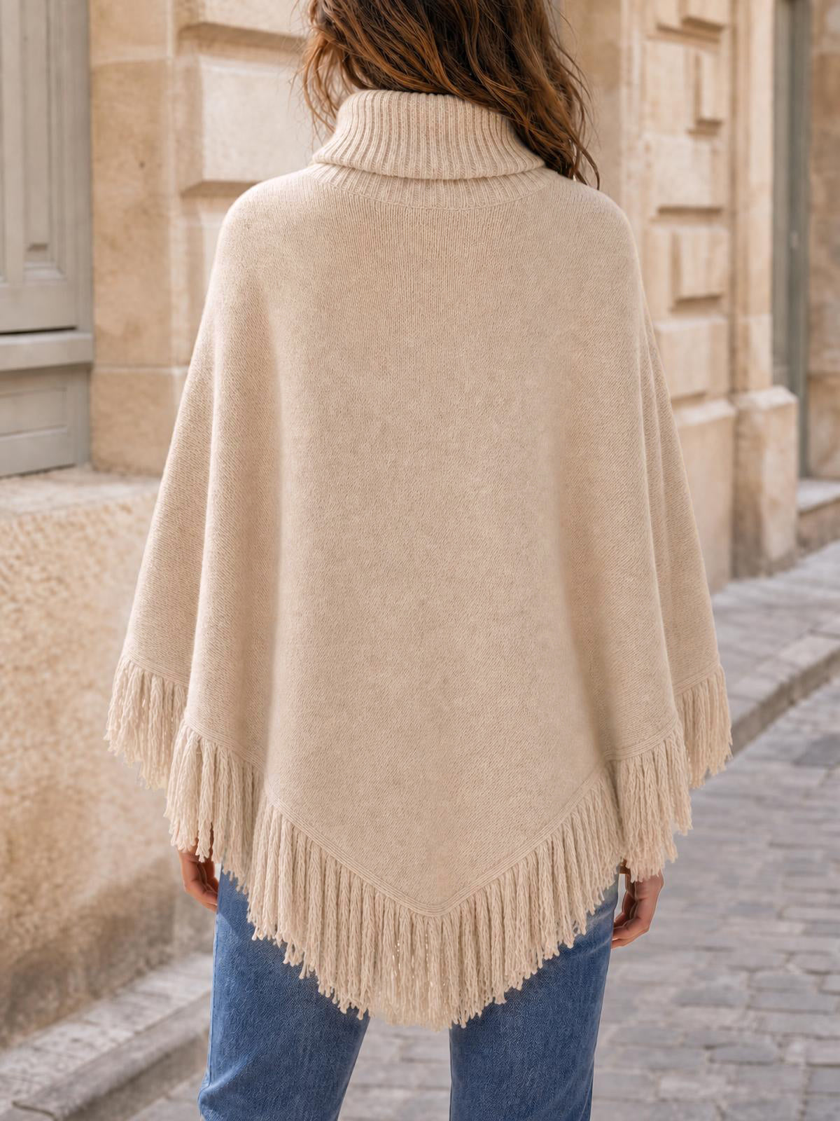 Saodimallsu Womens Fringe Turtleneck Poncho Sweater