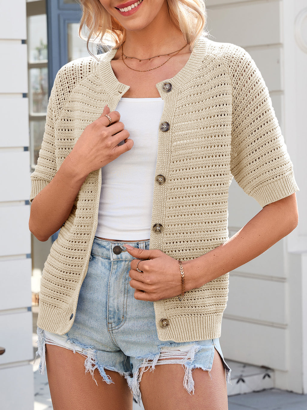 Saodimallsu Womens Crochet Short Sleeve Button Down Cardigan