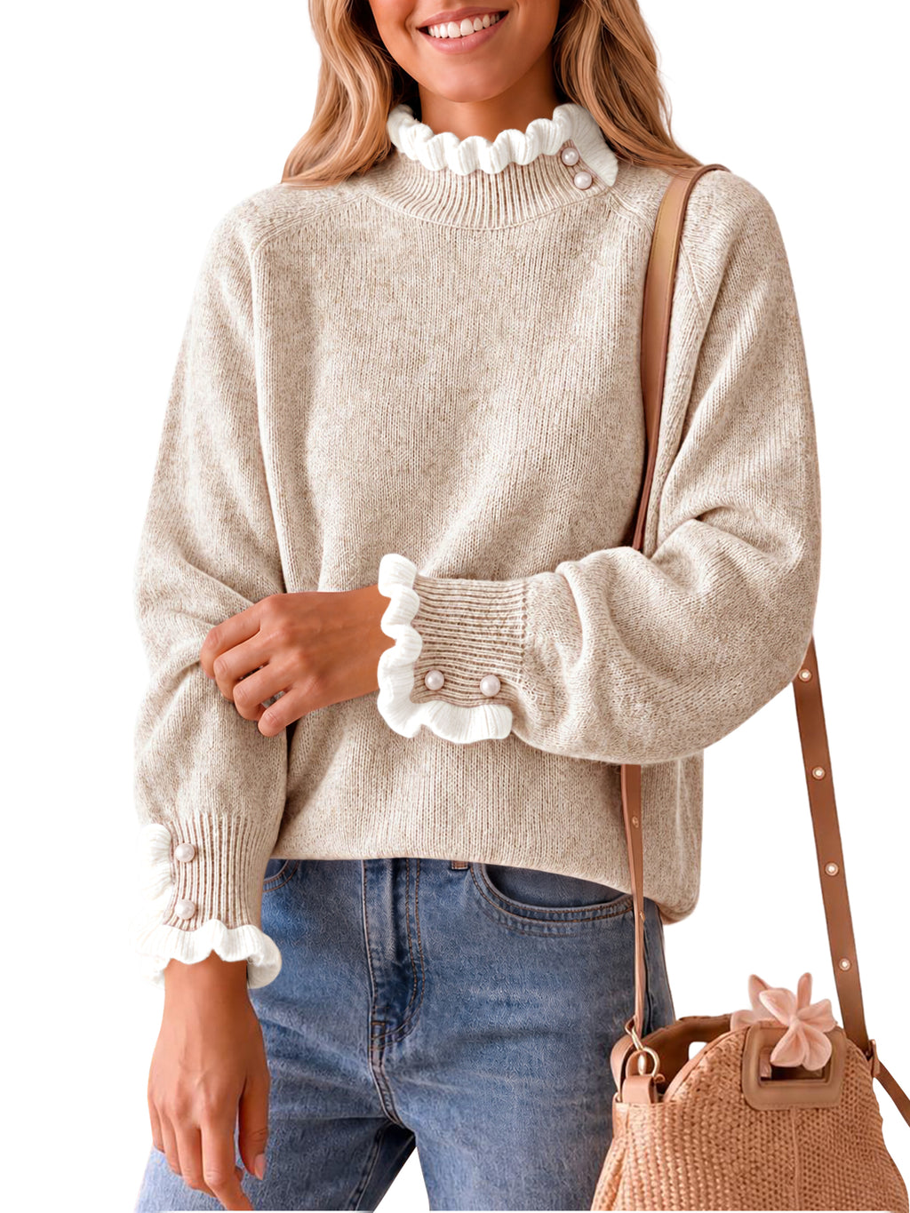 Saodimallsu Womens Mock Neck Ruffle Pearl Sweater