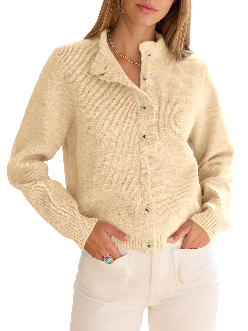 Saodimallsu Women Ruffle Mock Neck Knit Cardigan