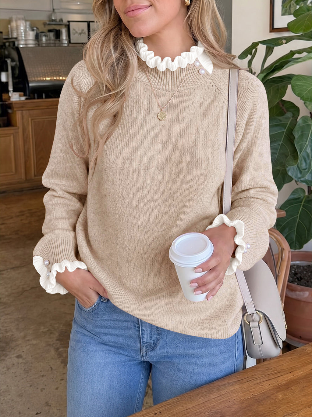 Saodimallsu Womens Mock Neck Ruffle Pearl Sweater
