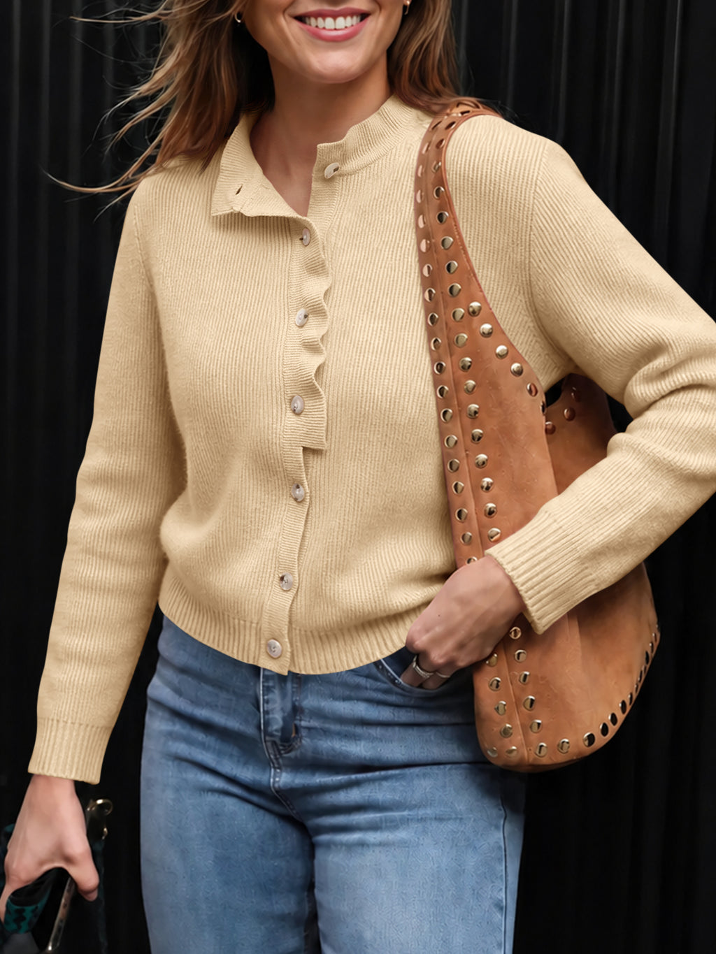 Saodimallsu Women Ruffle Mock Neck Knit Cardigan