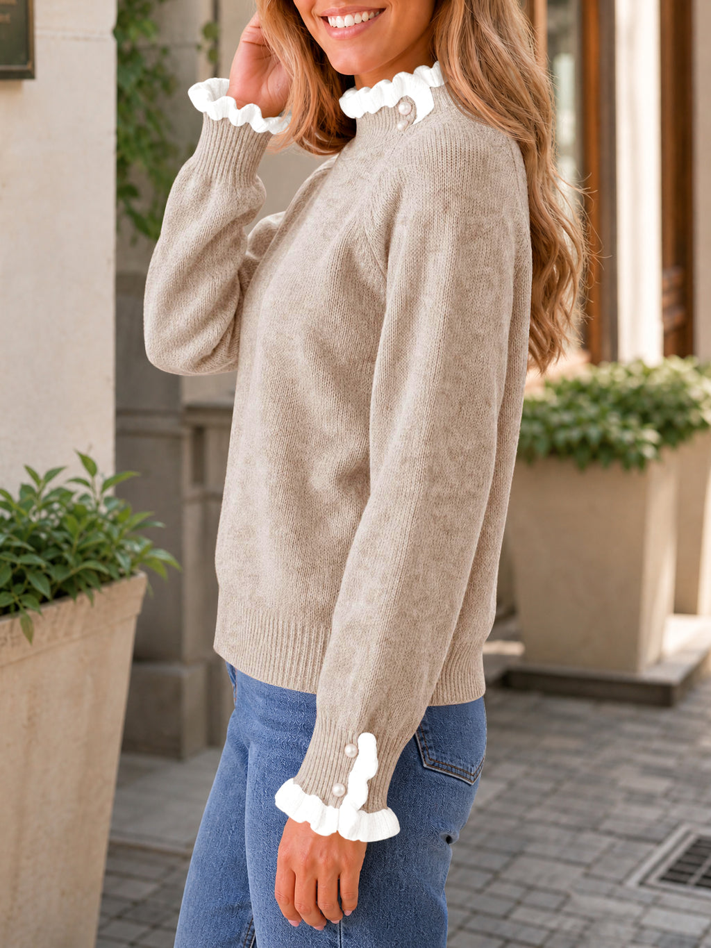 Saodimallsu Womens Mock Neck Ruffle Pearl Sweater