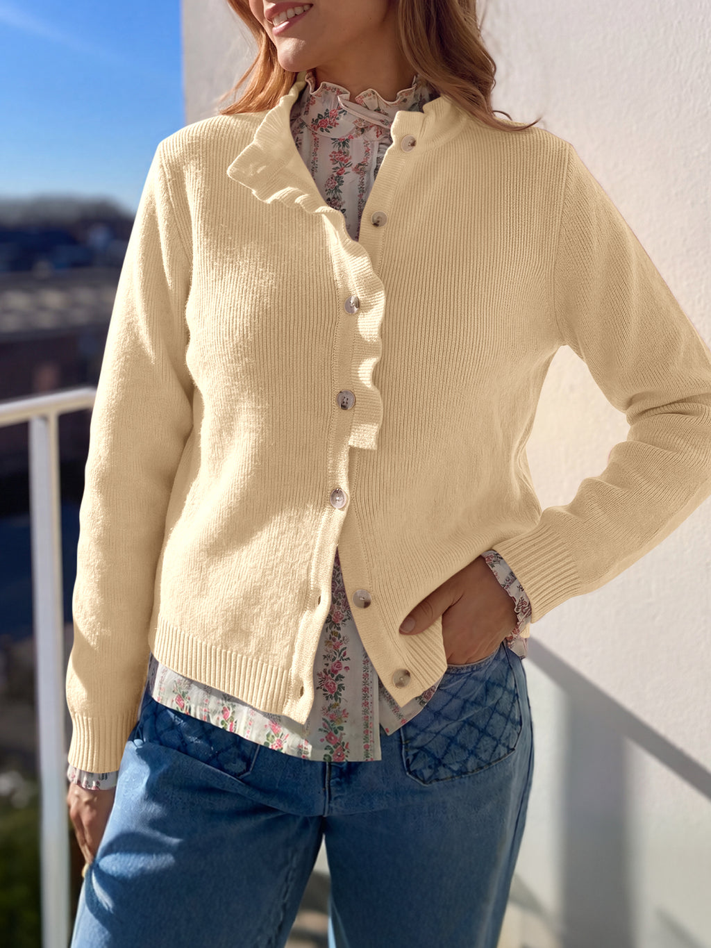 Saodimallsu Women Ruffle Mock Neck Knit Cardigan