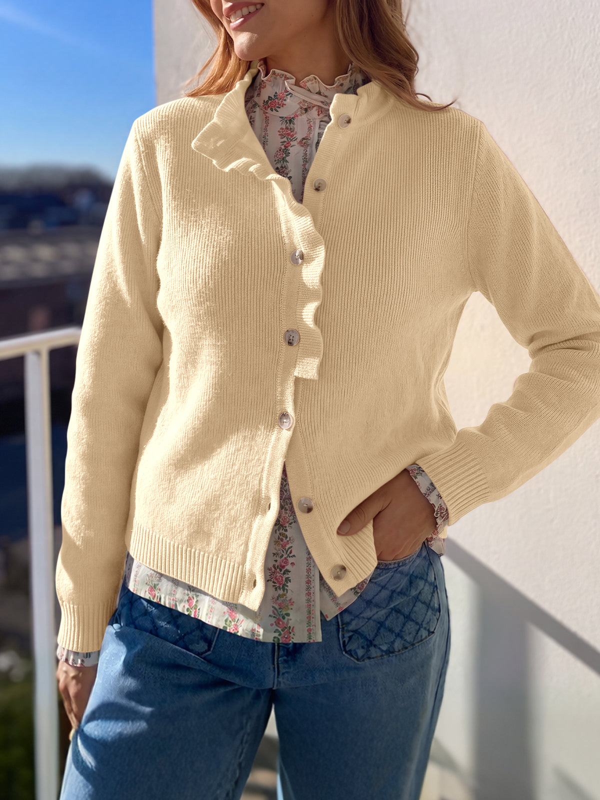 Saodimallsu Women Ruffle Mock Neck Knit Cardigan