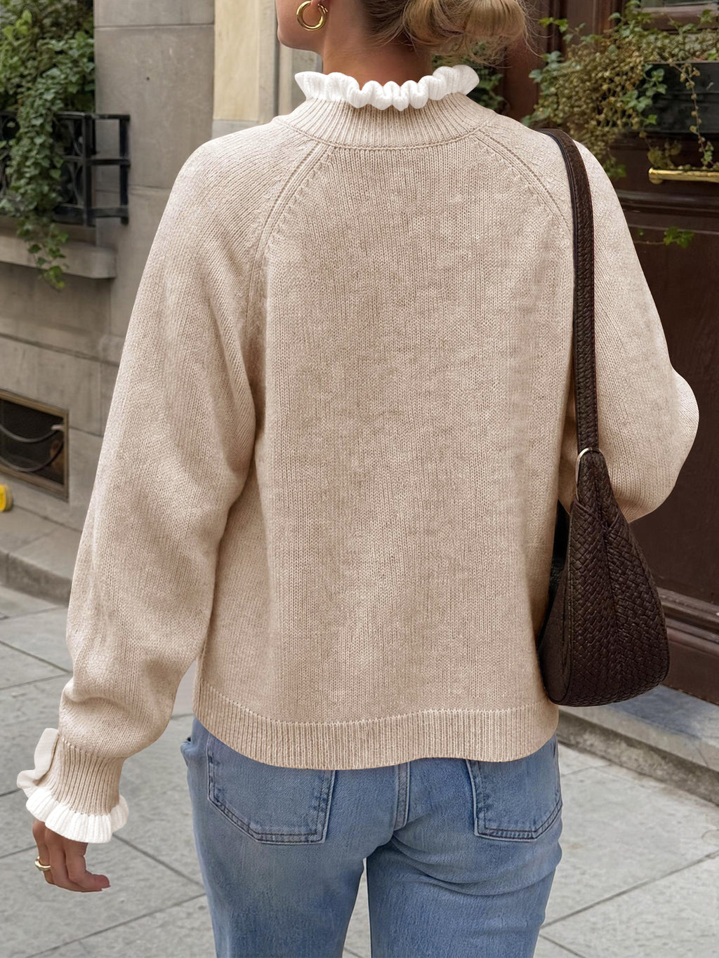 Saodimallsu Womens Mock Neck Ruffle Pearl Sweater