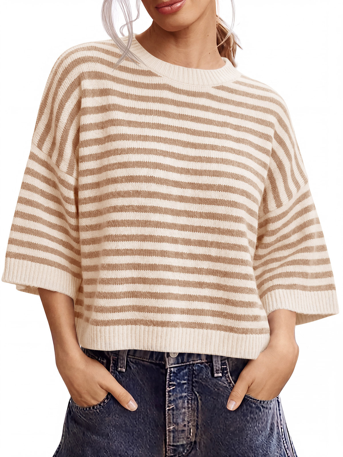 Saodimallsu Women Striped Short Sleeve Knit Top