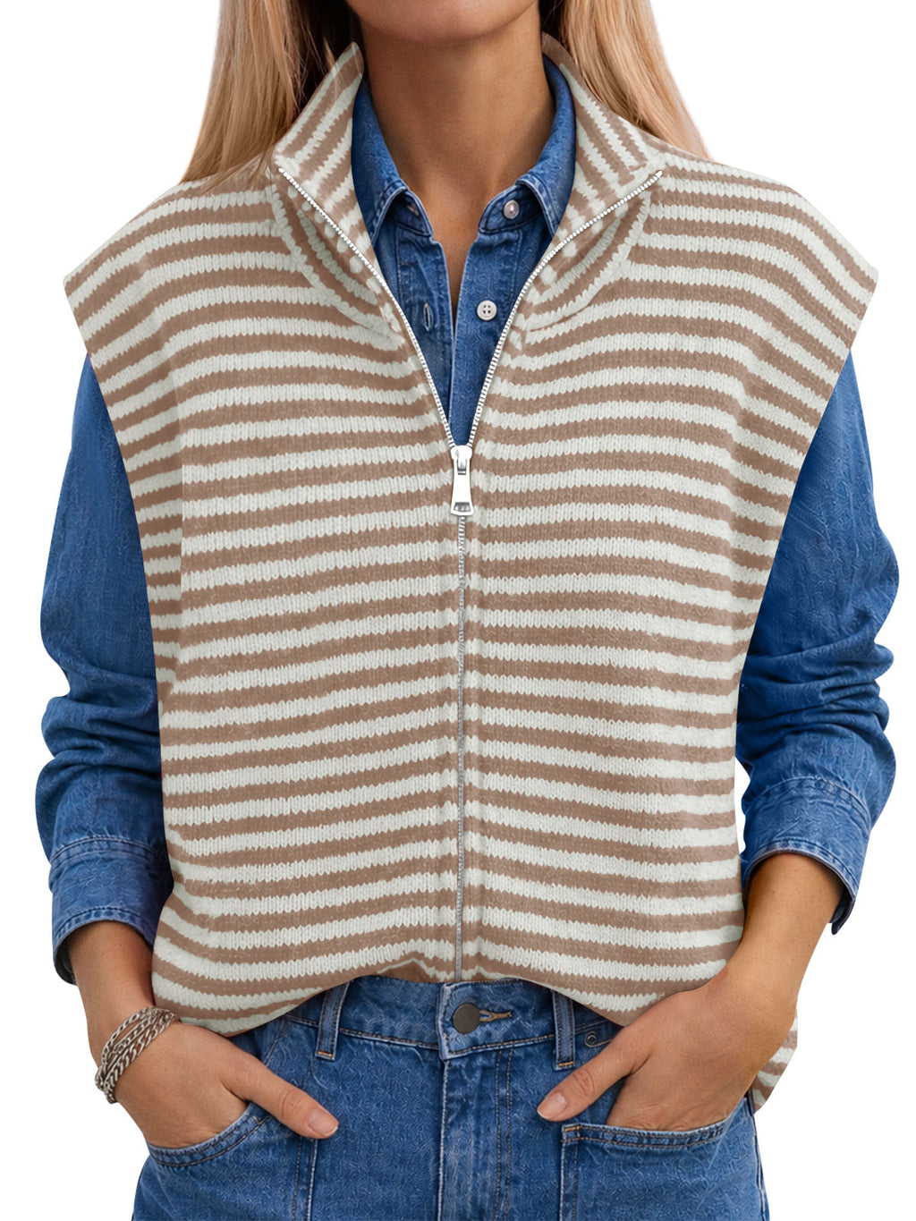 Saodimallsu Women Striped Zip Up Knit Cardigan