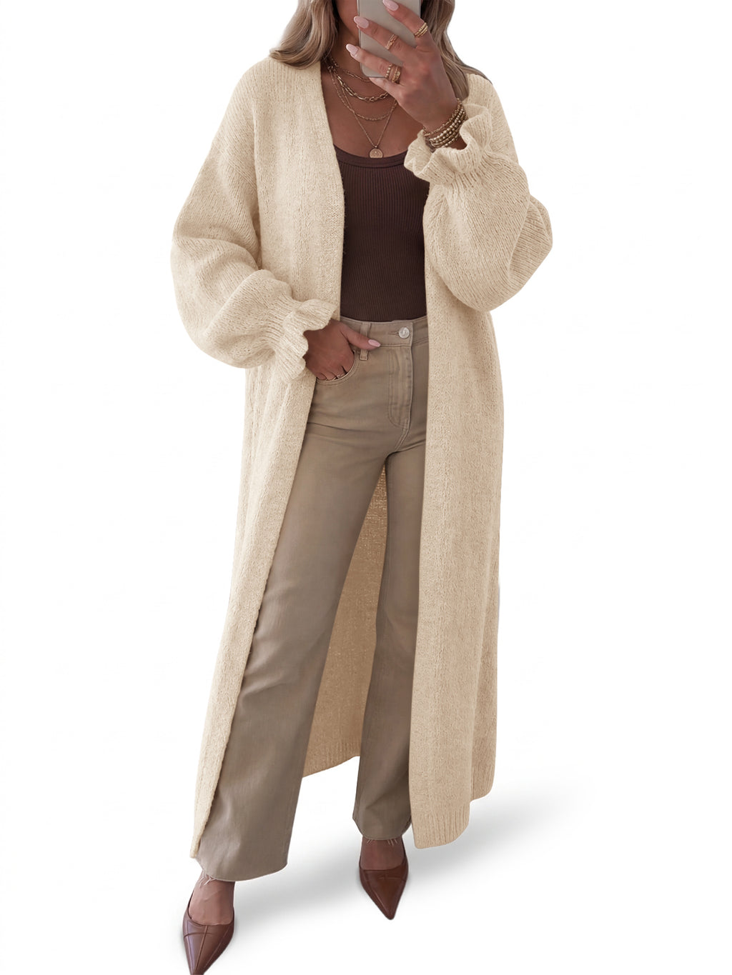 Saodimallsu Womens Ruffle Long Knit Cardigan