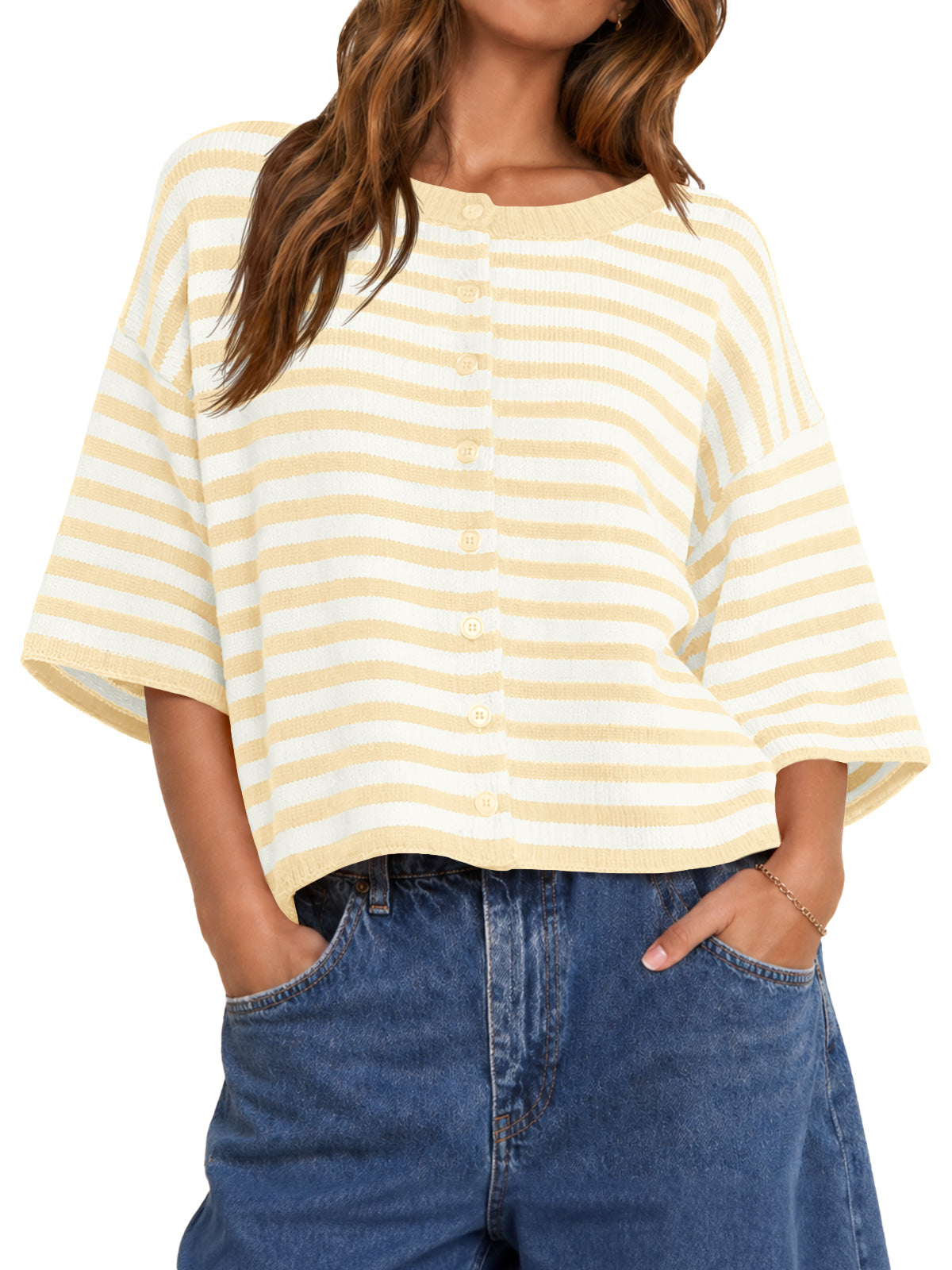 Saodimallsu Women Striped Cropped Cardigan