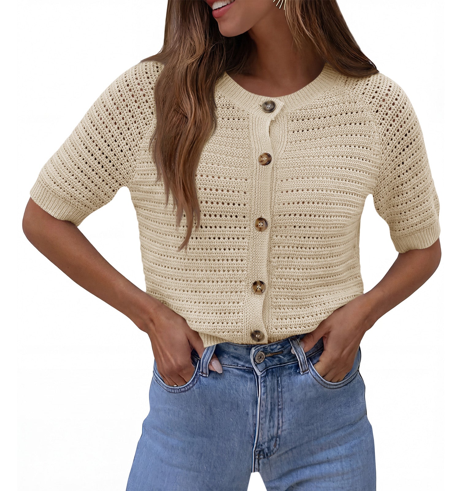Saodimallsu Womens Crochet Short Sleeve Button Down Cardigan