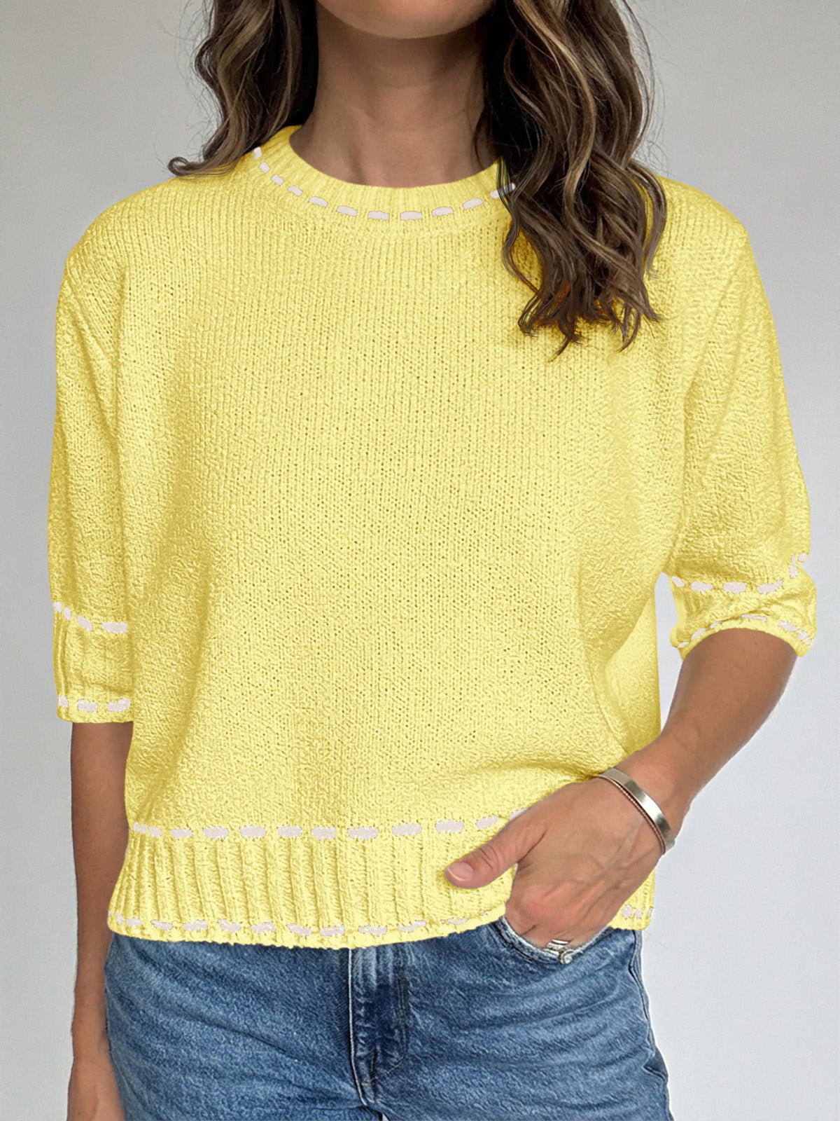 Saodimallsu Womens Cropped Crew Neck Knit Sweater
