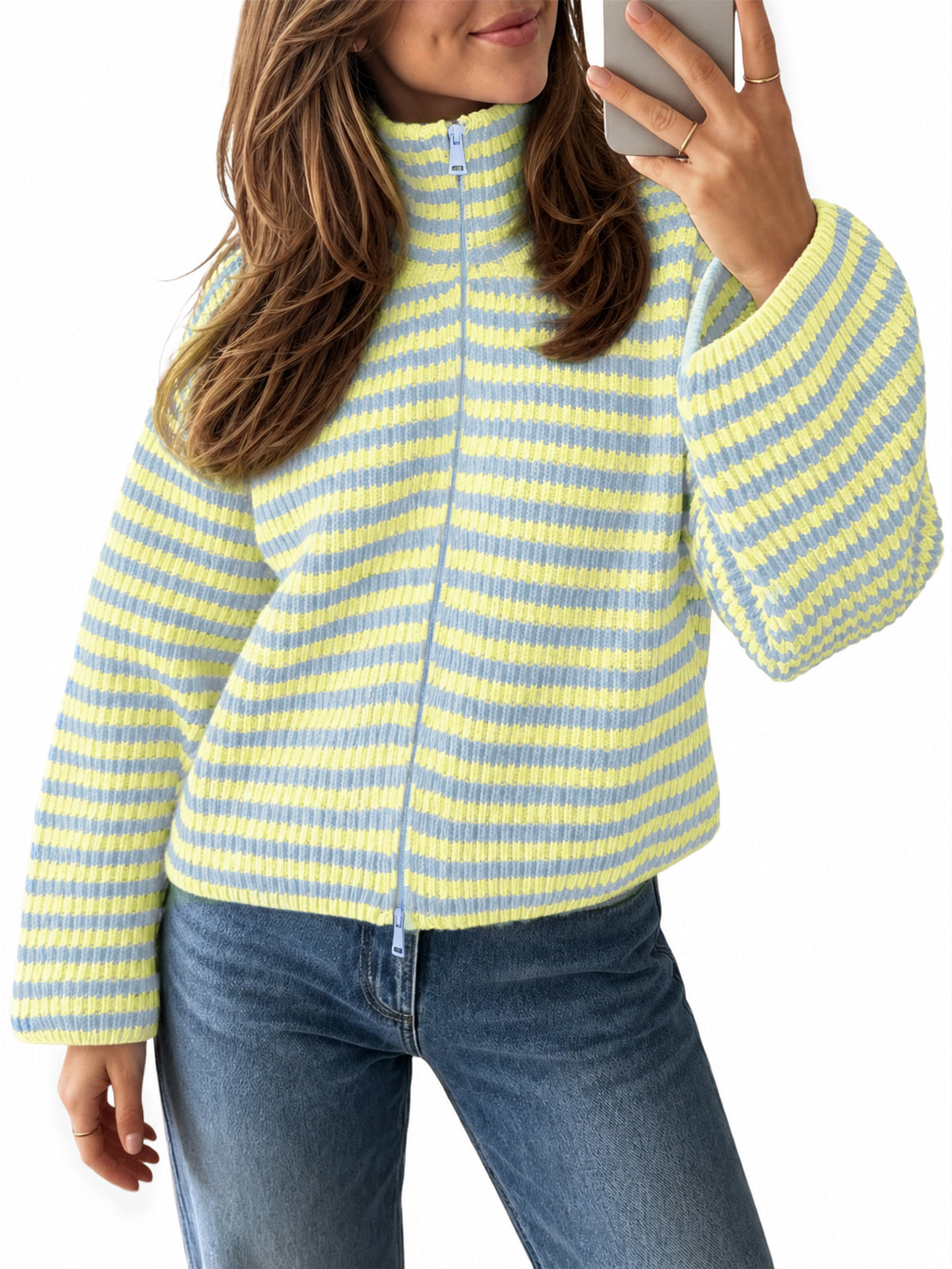 Saodimallsu Womens Striped Zip Knit Cardigan