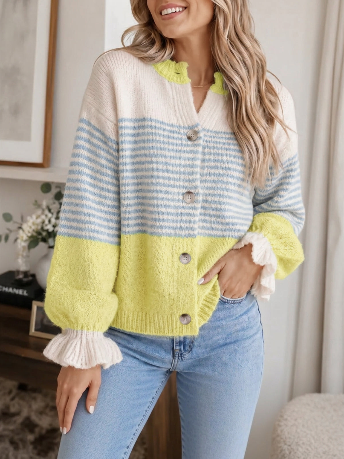 Saodimallsu Womens Striped Ruffle Sleeve Cardigan Coats