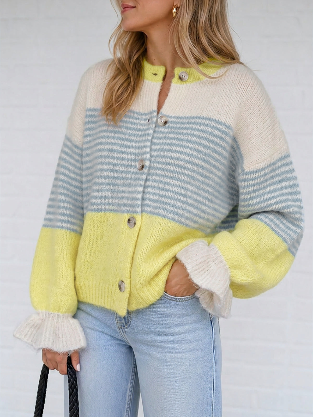 Saodimallsu Womens Striped Ruffle Sleeve Cardigan Coats
