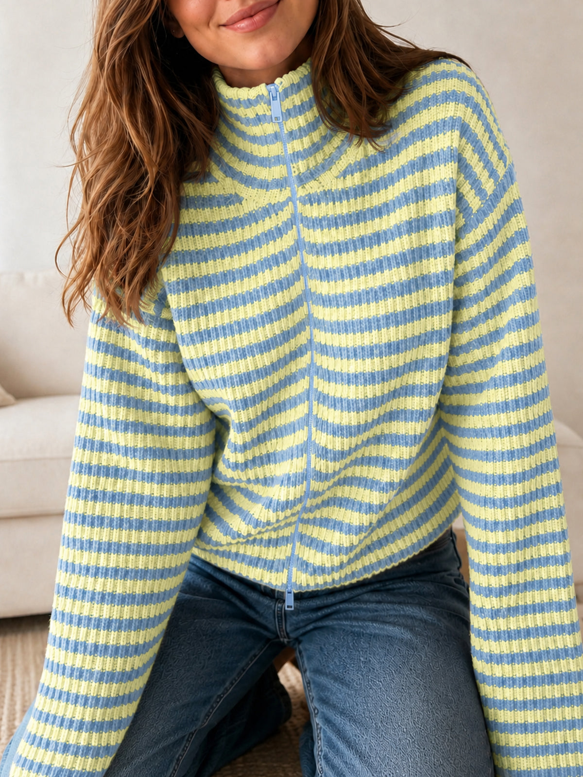 Saodimallsu Womens Striped Zip Knit Cardigan
