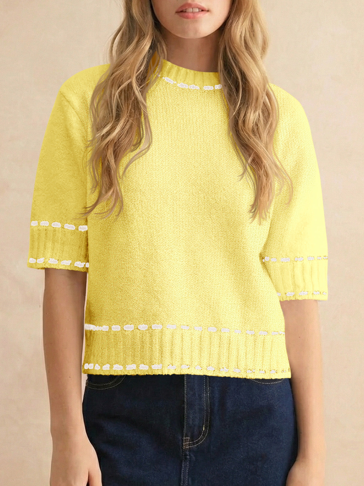 Saodimallsu Womens Cropped Crew Neck Knit Sweater