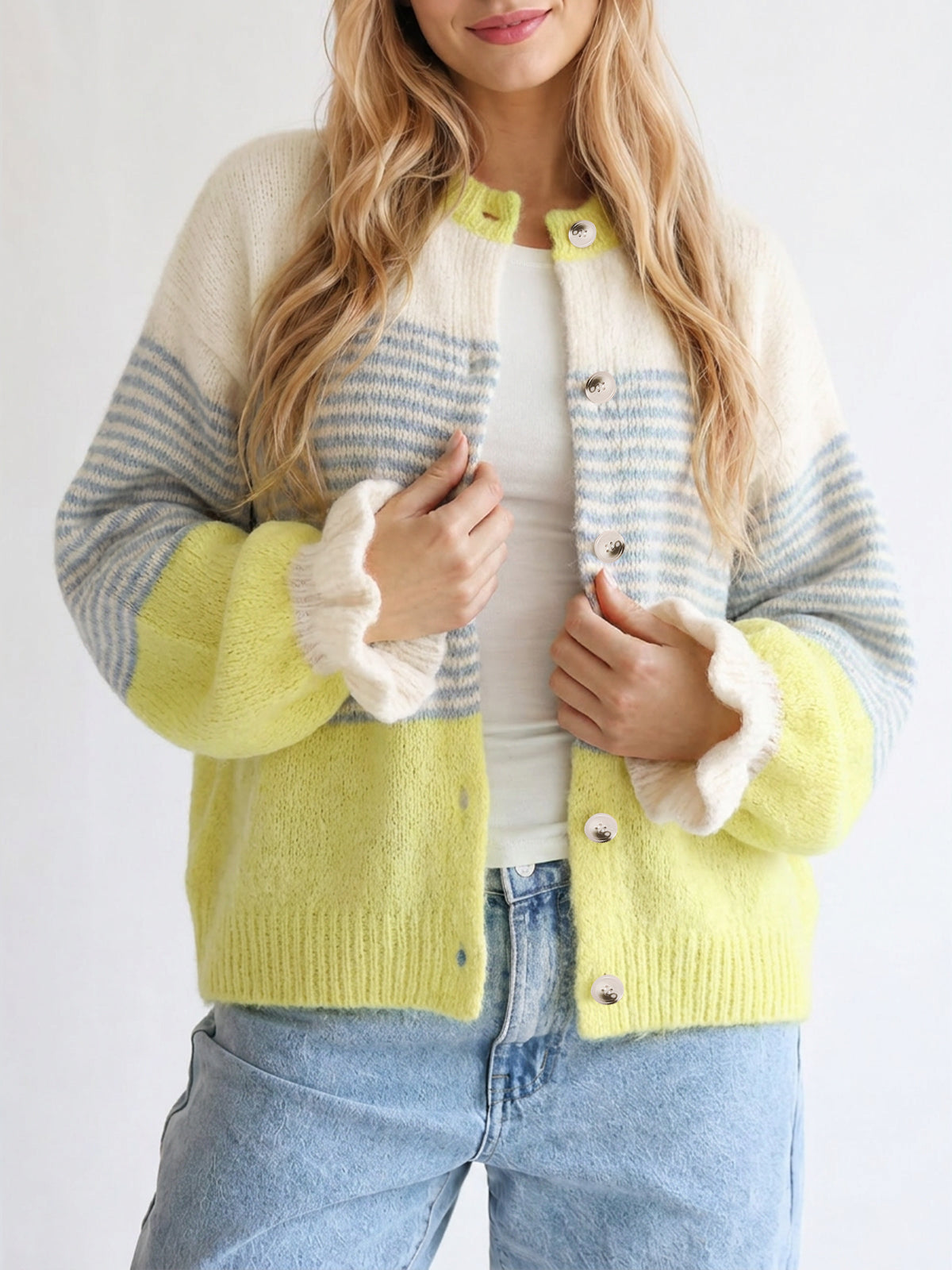 Saodimallsu Womens Striped Ruffle Sleeve Cardigan Coats
