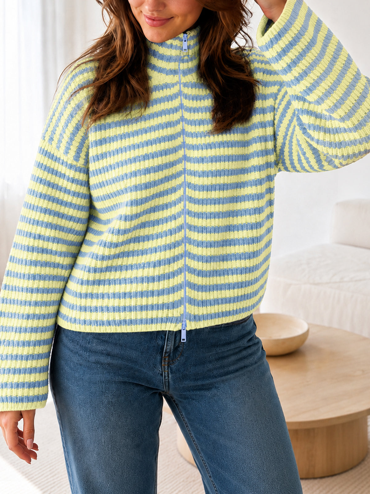 Saodimallsu Womens Striped Zip Knit Cardigan