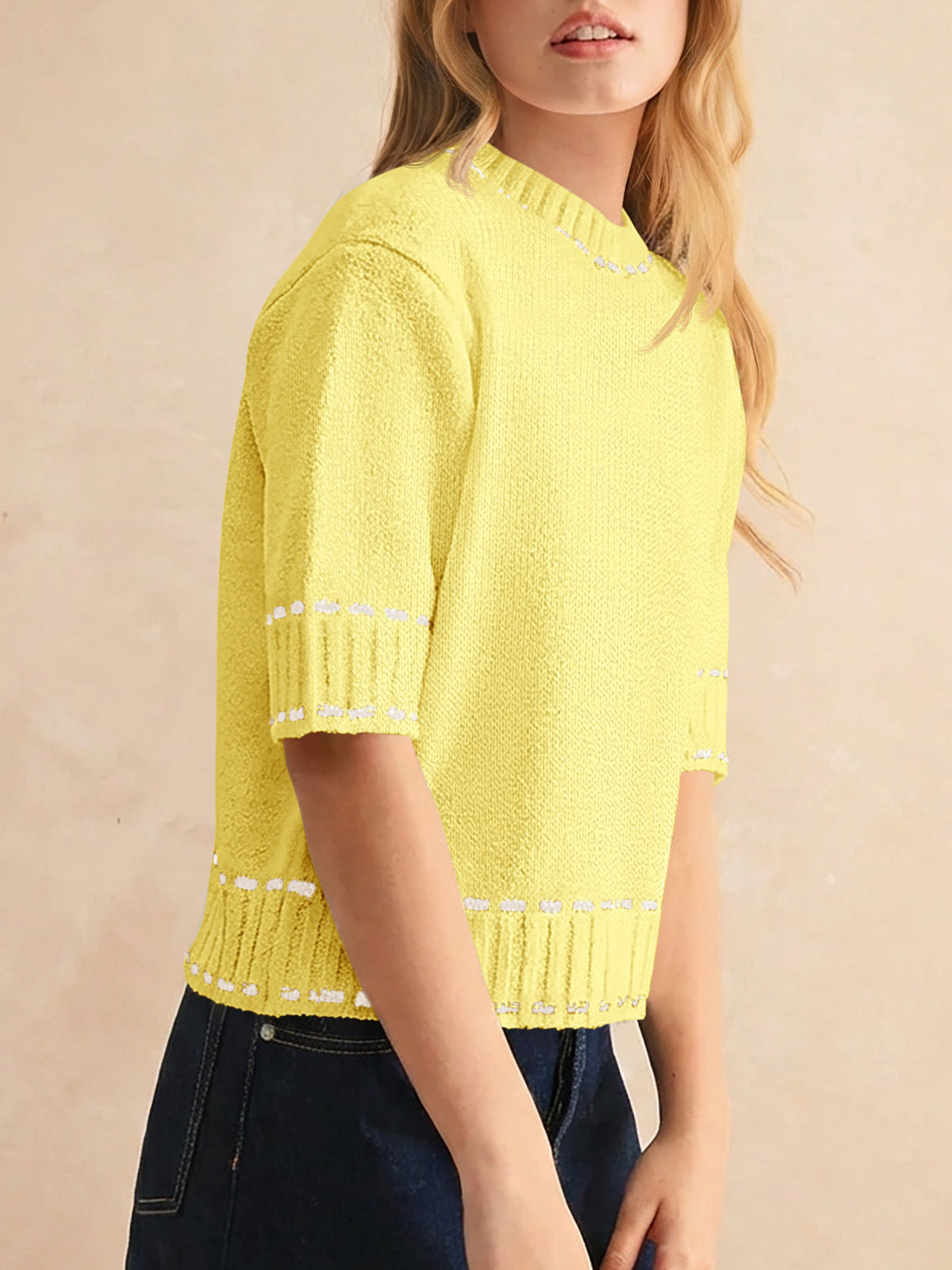 Saodimallsu Womens Cropped Crew Neck Knit Sweater