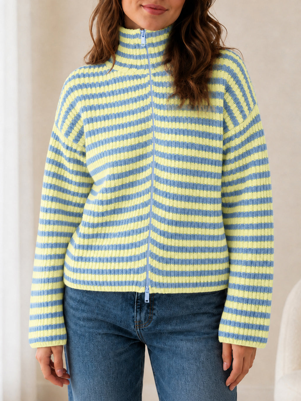 Saodimallsu Womens Striped Zip Knit Cardigan